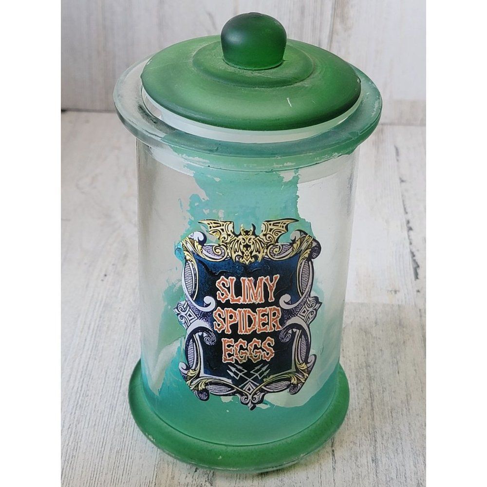 Green glass container AS IS slimy spiders eggs container Halloween home decor ja